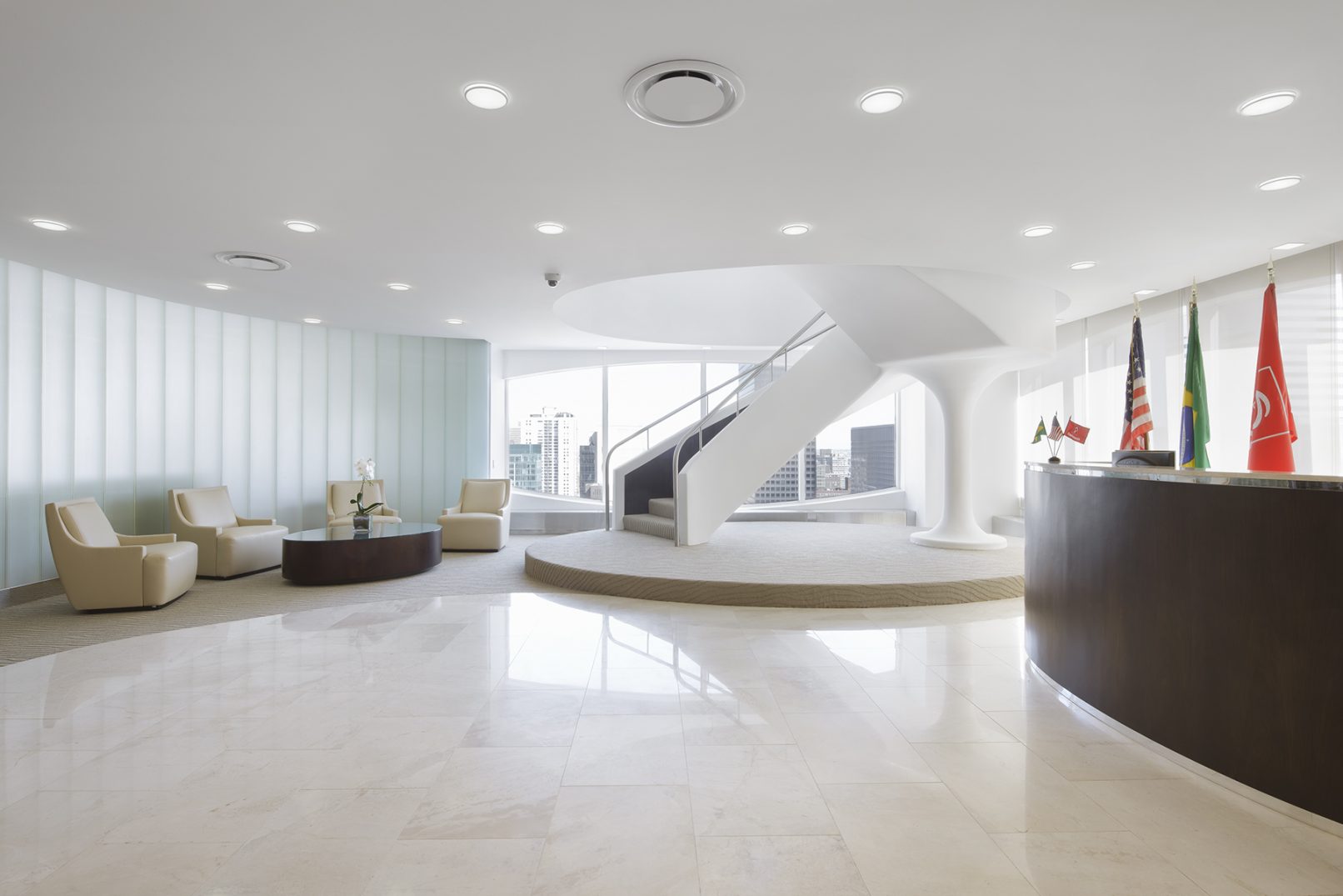 Bradesco Reception Area with Curved Glass Channel Partition and Stair